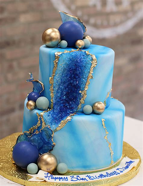 Blue White And Gold Fondant Marble Geode Tier Cake