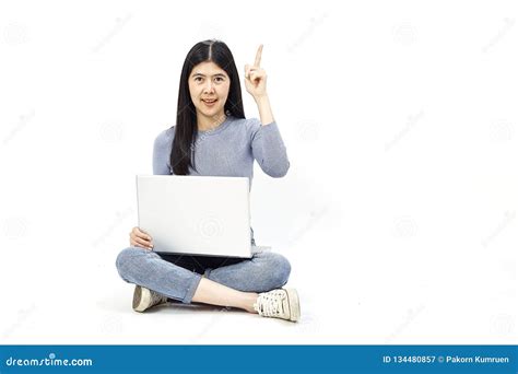 Woman Sitting Floor Holding Laptop Stock Image - Image of editorial ...