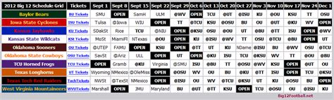 Printable 2012 Big 12 Football Schedule - Big 12 Football Online