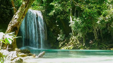 Beautiful Erawan waterfall in the tropical rain forest Erawan National ...