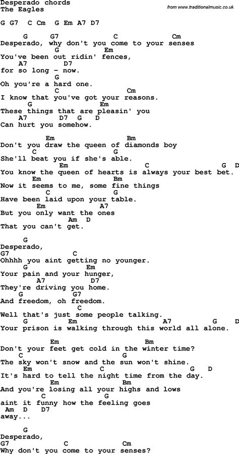 Song lyrics with guitar chords for Desperado | Guitar chords, Blues ...