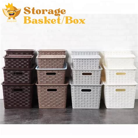 𝓗𝓖 Home Rattan Storage Laundry Basket Woven Plastic Rattan Storage ...