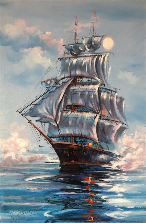 Navy Ship at Sea Painting on Canvas Large Sailing Wall Art Peace Oil ...