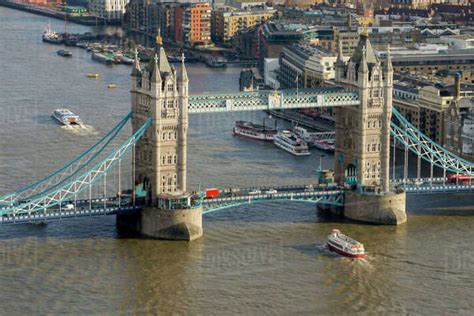 Aerial view of Tower Bridge and River Thames, London, England, United ...