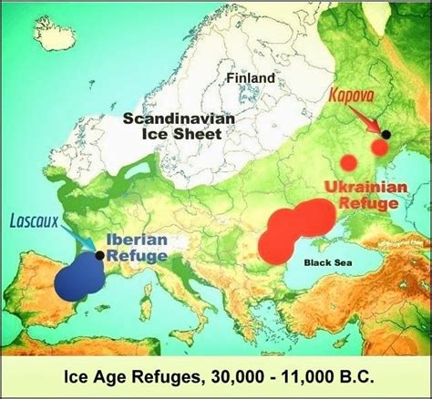 map of paleolithic cultures' "retreats": areas occupied during glacial ...