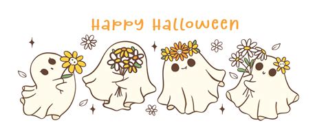 Group of cute Halloween ghosts with daisy flower, kawaii Retro floral ...