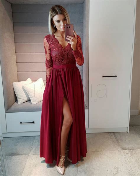 Long Sleeves Wine Red Prom Dress.Formal Occasion Dress, Burgundy Prom ...