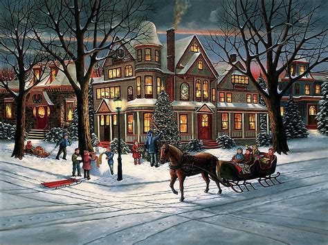 Magic Sleigh Ride, santa, snow, christmas, painting, village, reindeer ...