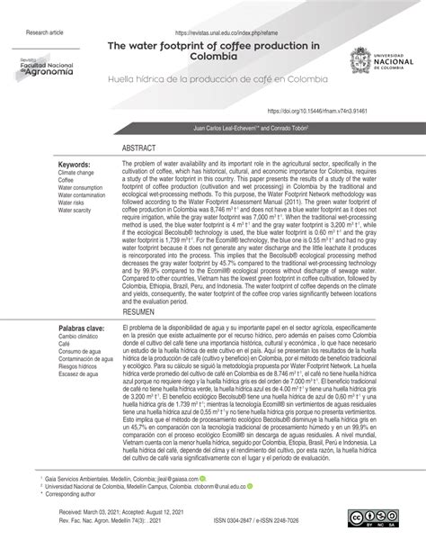 (PDF) The water footprint of coffee production in Colombia