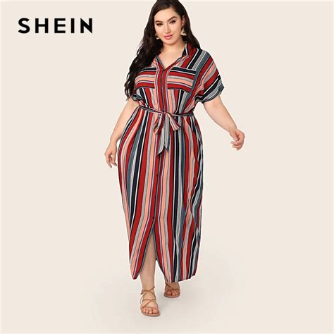 SHEIN Plus Size Multicolor Pocket Patched Belted Striped Shirt Dress ...