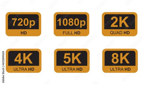 Golden 8k 4k 5k ultra HD video resolution icon, buttons for videos ...