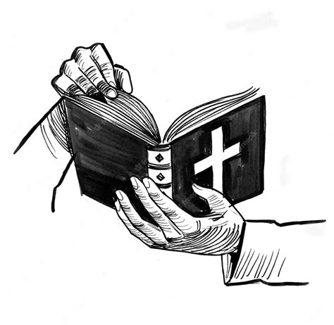 Premium Photo | Hand holding a Holly Bible. Ink black and white drawing