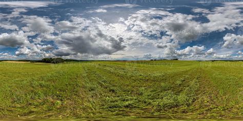 full seamless hdri 360 panorama among farming field with cut grass and ...