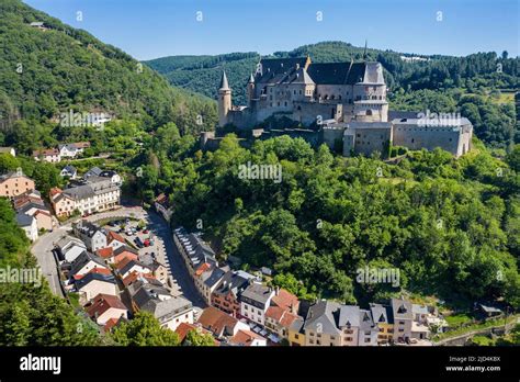 Aerial view of Vianden castle, canton of Vianden, Grand Duchy of ...