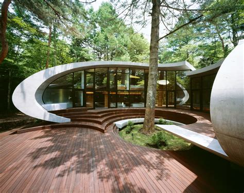 an unusual house in the woods surrounded by trees