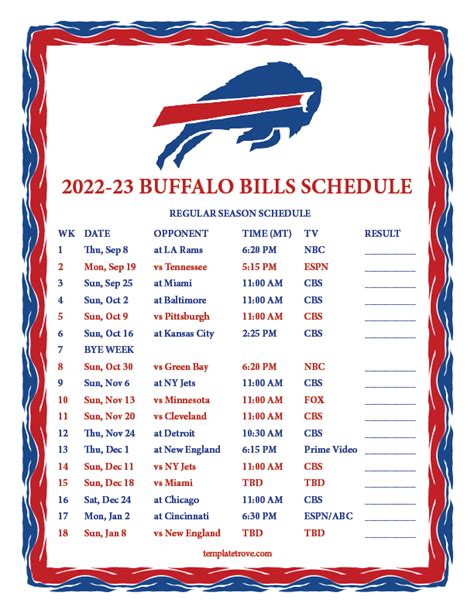 Printable 2022-2023 Buffalo Bills Schedule