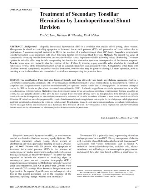 (PDF) Treatment of Secondary Tonsillar Herniation by Lumboperitoneal ...