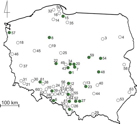 Map of Poland with sampling sites. Green dots indicate terraria ...