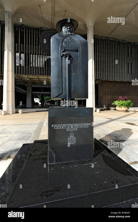 Statue of Father Damien in front of state capitol building Honolulu ...