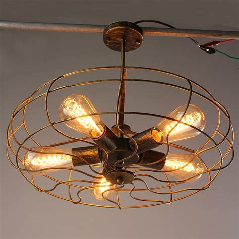 Retro Industrial Fan Style Metal Cage Ceiling Light, 5 Lights Semi ...