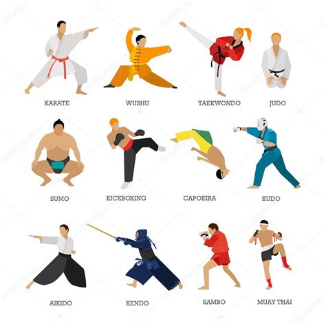 Conjunto vectorial de silueta de personas de artes marciales aisladas ...