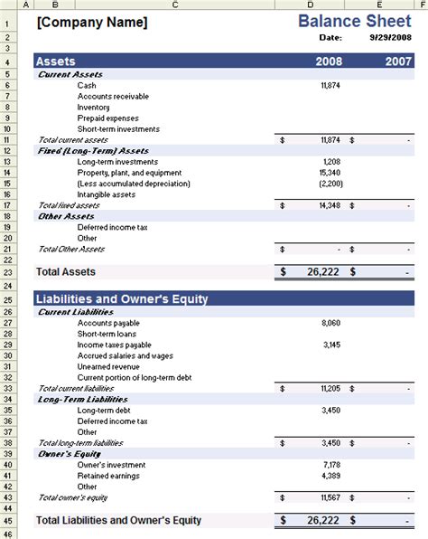 Sample Balance Sheet Template for Excel