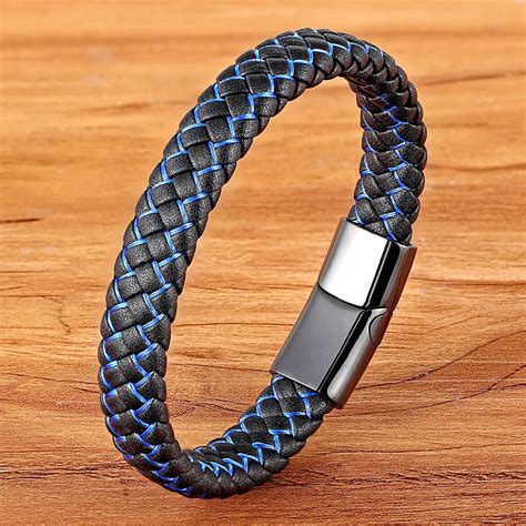 New Men Jewelry Punk Black Blue Braided Leather Bracelet for Men ...