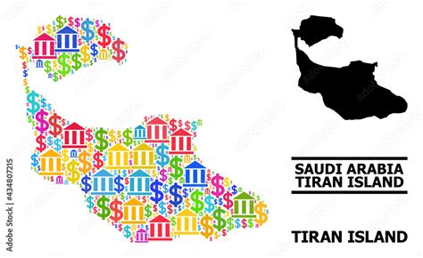 Vibrant bank and dollar mosaic and solid map of Tiran Island. Map of ...