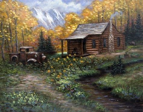 Log Cabin - Autumn Trees - Mountain Painting - 11 x 14 Painting- On ...