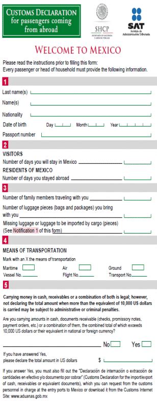 Printable Mexico Customs Form - Printable Forms Free Online