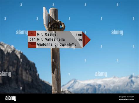 hiking trails wooden signs in Mountains . Brenta Group, Adamello Brenta ...