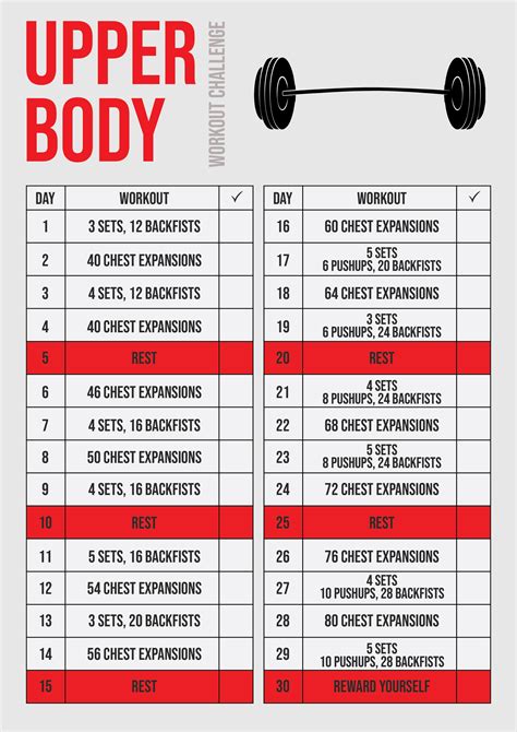 30 Day Upper Body Workout Challenge Chart in Illustrator, PDF ...