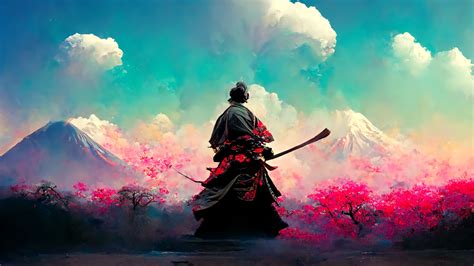 Samurai Japan Blossoms Mountains Nature Japanese Art IA Art Wallpaper ...