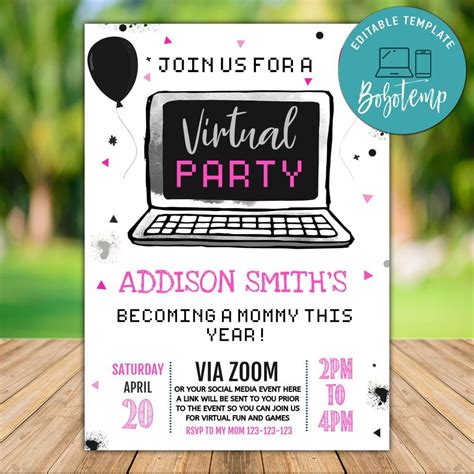 Printable Girl Virtual Party Baby Shower Invitation DIY | Bobotemp