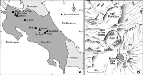 (a) Map of Costa Rica. The black triangles identify active volcanoes ...