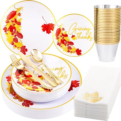 Amazon.com: Hioasis 175pcs Thanksgiving Plastic Plates - White and Gold ...