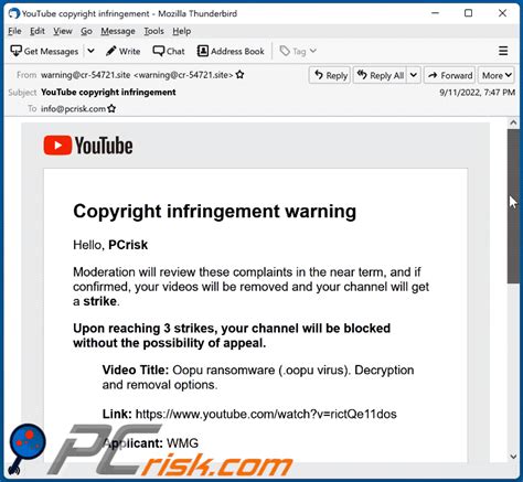 YouTube Copyright Infringement Warning Email Virus - Removal and ...