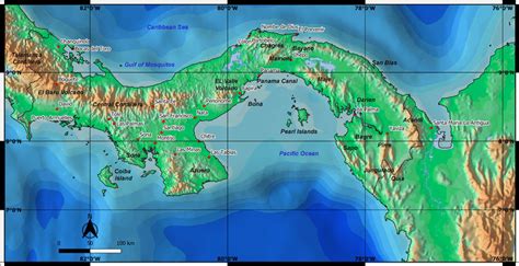 Digital elevation model of Panama showing the names of the main ...