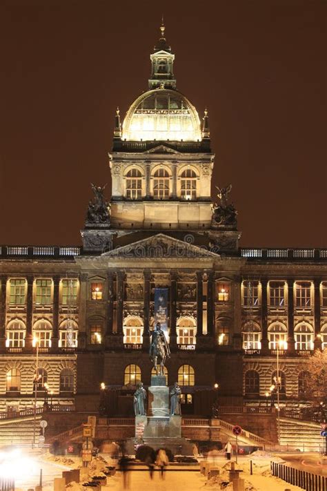 National Museum on Snowy Wenceslas Square in the Night, Prague Stock ...