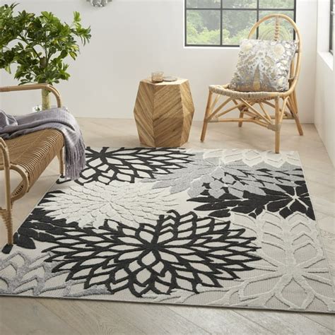 Nourison Aloha Floral Contemporary Black White Indoor/outdoor Area Rug ...