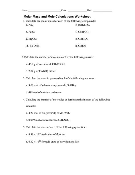 Mass And The Mole Worksheet Answers