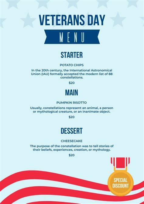 Customize this Vintage Elegant Veterans Day Special Menu design for free