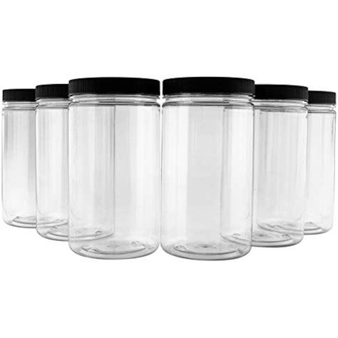 32oz Clear Plastic Jars Black Ribbed Lids (6 Pack) BPA Free PET Quart ...