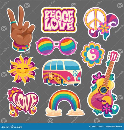 Hippie Stickers or Icons Hand Gesturing Victory Stock Vector ...