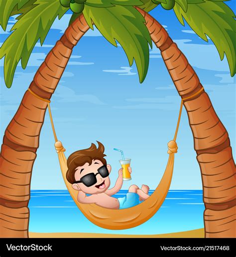 Cartoon little boy relaxing on hammock beach Vector Image