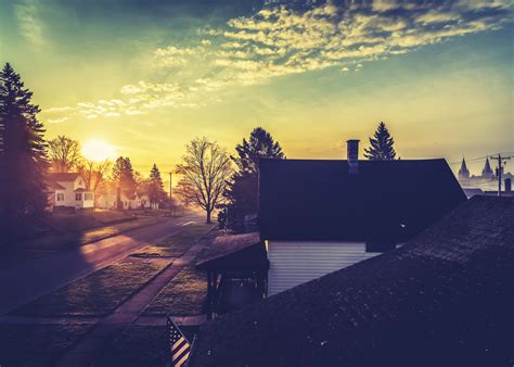 Wallpaper : USA, flag, sunset, sunlight, house, road, street, trees ...