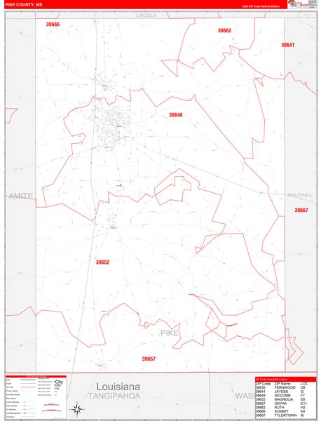 Pike County, MS Zip Code Wall Map Red Line Style by MarketMAPS - MapSales