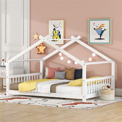 Full Size House Bed, Montessori Style Floor Bed Frame, Wood Kids Fun ...