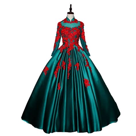 green and red embroidery cartoon cosplay ball gown Medieval dress ...