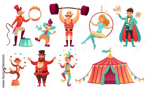 Circus characters. Juggling animals, juggler artist clown and strongman ...